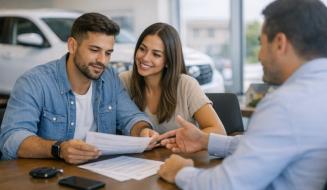 Casal analisa documentos com um consultor em uma concessionária, demonstrando interesse e satisfação durante a negociação de um veículo.