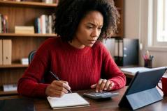 Mulher de blusa de tricot vermelha e cabelo afro volumoso trabalha concentrada em sua mesa de escritório. Ela segura uma caneta sobre um caderno, aperta os botões de uma calculadora e observa atentamente a tela de um tablet apoiado na mesa, em um ambiente organizado com estante de livros ao fundo.