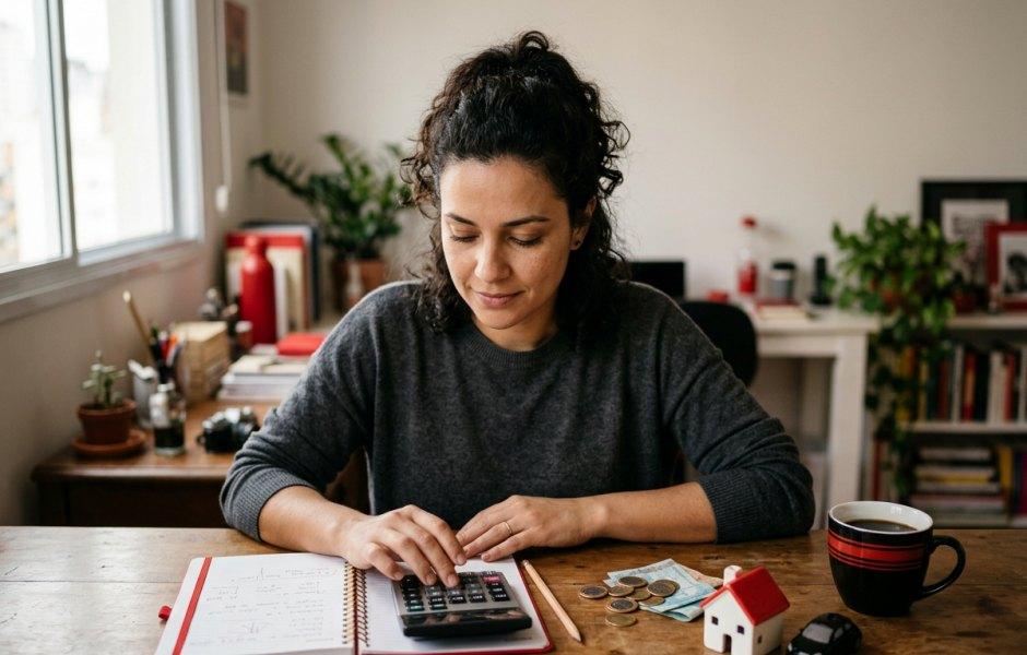 De cabelos cacheados presos, jovem utiliza uma calculadora sobre um caderno aberto para planejar o orçamento doméstico. Na mesa de madeira, moedas, cédulas de dinheiro, uma miniatura de casa com telhado vermelho e uma caneca de café completam o cenário de finanças pessoais.