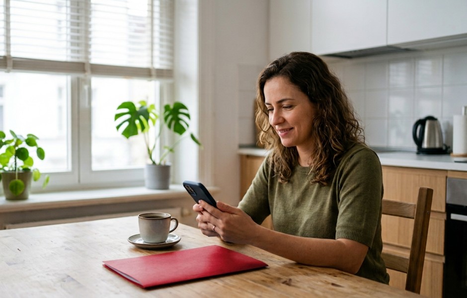 Mulher com cabelos cacheados e sorrindo, sentada a uma mesa de madeira em uma cozinha, olhando para um smartphone que segura com as duas mãos. À sua frente, há uma xícara de café com pires e uma pasta vermelha fechada. Ao fundo, uma janela com persianas, vasos de plantas e o balcão da cozinha com eletrodomésticos.
