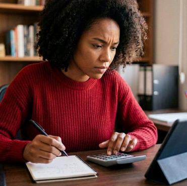 Mulher de blusa de tricot vermelha e cabelo afro volumoso trabalha concentrada em sua mesa de escritório. Ela segura uma caneta sobre um caderno, aperta os botões de uma calculadora e observa atentamente a tela de um tablet apoiado na mesa, em um ambiente organizado com estante de livros ao fundo.