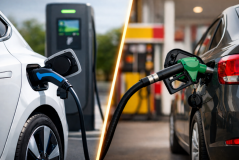  A imagem mostra uma comparação dividida entre um carro elétrico sendo carregado e um carro a combustão sendo abastecido.