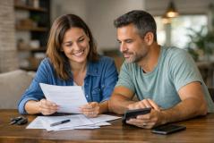 Casal revisa documentos e faz cálculos juntos em casa, com expressões satisfeitas sugerindo um planejamento financeiro positivo.