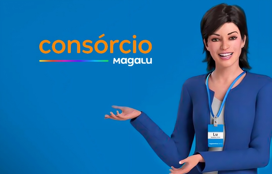 A personagem virtual Lu, mascote do Magalu, apresenta o Consórcio Magalu em fundo azul, gesticulando com a mão aberta em direção à marca colorida ao lado.