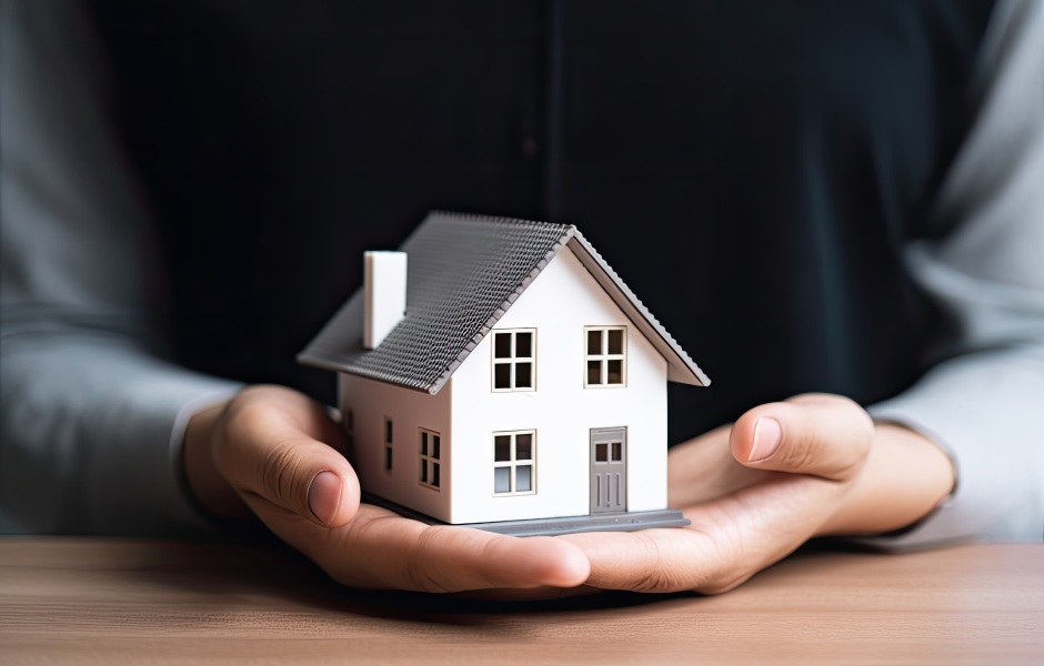 Mãos segurando delicadamente uma miniatura de casa branca, simbolizando proteção, conquista e o sonho da casa própria no mercado imobiliário.