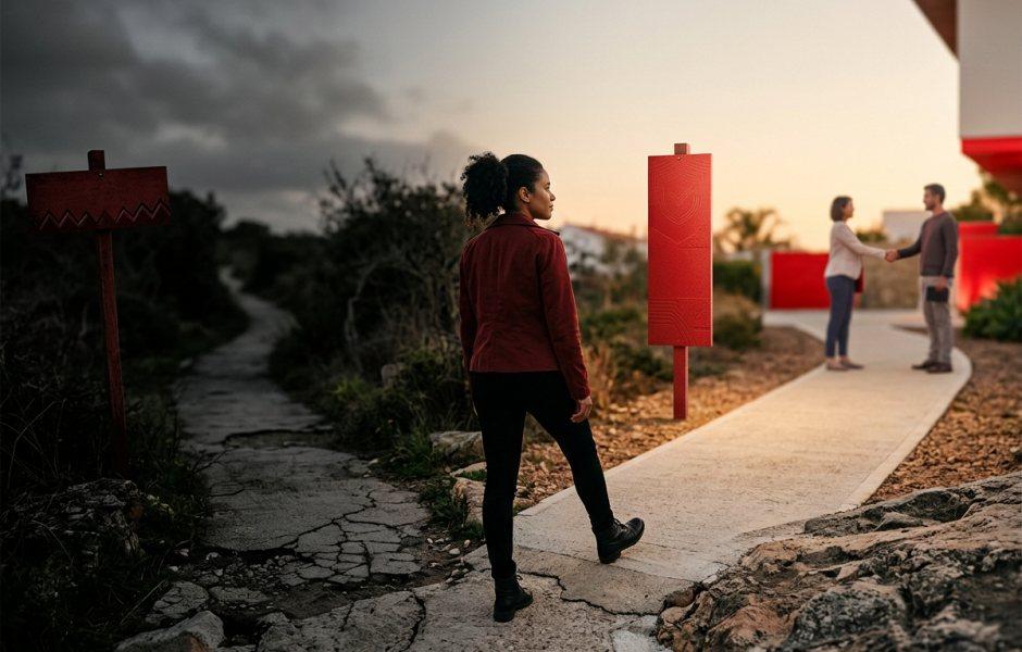 Pedestre de casaco vermelho e cabelos cacheados decide entre dois caminhos: uma trilha de terra escura e danificada sob um céu nublado, e uma calçada clara e iluminada pelo sol que guia em direção a pessoas se cumprimentando amigavelmente diante de uma casa moderna.