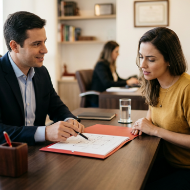 Profissional em traje social escuro e camisa clara sorri enquanto aponta com uma caneta para um projeto ou planta baixa em cima da mesa. À sua frente, uma mulher de blusa amarela analisa a folha com atenção. O atendimento ocorre em um escritório elegante, com móveis de madeira, copo d'água na mesa e outra pessoa trabalhando ao fundo.