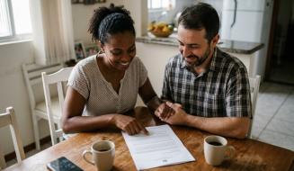 Casal sorri enquanto lê um documento à mesa da cozinha, com cafés e celular ao lado, transmitindo uma boa notícia recebida em casa.