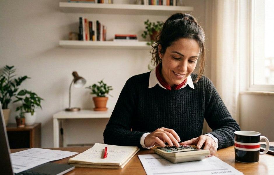 Mulher sorridente com o cabelo preso trabalha em sua mesa de escritório em casa, utilizando uma calculadora sobre folhas de orçamento. À sua frente, há um caderno aberto com uma caneta vermelha, documentos impressos e uma caneca listrada.