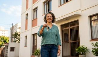 Mulher de cabelos cacheados grisalhos, camisa verde e calça jeans sorri ao segurar molho de chaves em frente a edifício residencial. Ao fundo, destaca-se fachada clara do prédio com detalhes alaranjados, janelas, portão de ferro e vasos de plantas junto à entrada.