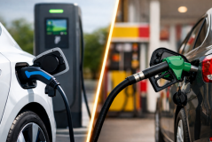 Comparação visual entre o abastecimento de um veículo elétrico e um veículo convencional a combustão.