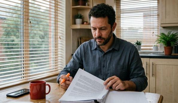 Homem de camisa cinza está sentado numa mesa de madeira a ler atentamente folhas de papéis organizados numa pilha. Ele segura um marcador laranja na mão direita enquanto folheia o documento com a outra mão. Ao seu lado estão uma caneca vermelha e um telemóvel, num ambiente iluminado por janelas com persianas.