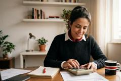 Mulher sorridente com o cabelo preso trabalha em sua mesa de escritório em casa, utilizando uma calculadora sobre folhas de orçamento. À sua frente, há um caderno aberto com uma caneta vermelha, documentos impressos e uma caneca listrada.