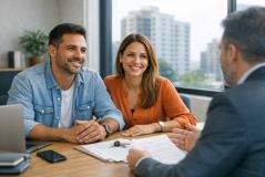 Casal sorridente participa de uma reunião com um consultor, com chaves e documentos sobre a mesa, sugerindo a conclusão de um negócio imobiliário ou financeiro.