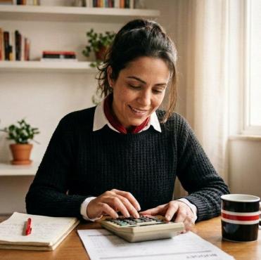 Mulher sorridente com o cabelo preso trabalha em sua mesa de escritório em casa, utilizando uma calculadora sobre folhas de orçamento. À sua frente, há um caderno aberto com uma caneta vermelha, documentos impressos e uma caneca listrada.
