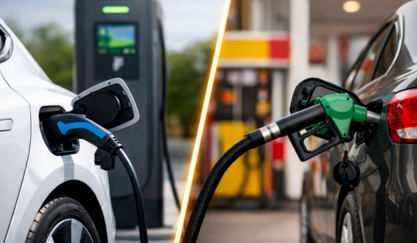 Comparação visual entre o abastecimento de um veículo elétrico e um veículo convencional a combustão.