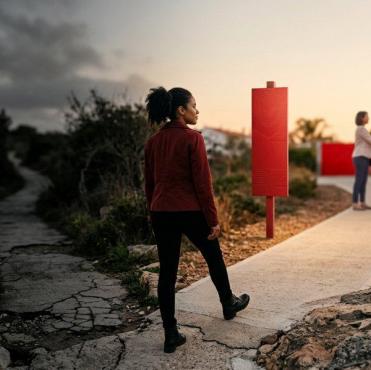 Pedestre de casaco vermelho e cabelos cacheados decide entre dois caminhos: uma trilha de terra escura e danificada sob um céu nublado, e uma calçada clara e iluminada pelo sol que guia em direção a pessoas se cumprimentando amigavelmente diante de uma casa moderna.