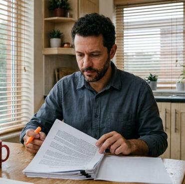 Homem de camisa cinza está sentado numa mesa de madeira a ler atentamente folhas de papéis organizados numa pilha. Ele segura um marcador laranja na mão direita enquanto folheia o documento com a outra mão. Ao seu lado estão uma caneca vermelha e um telemóvel, num ambiente iluminado por janelas com persianas.
