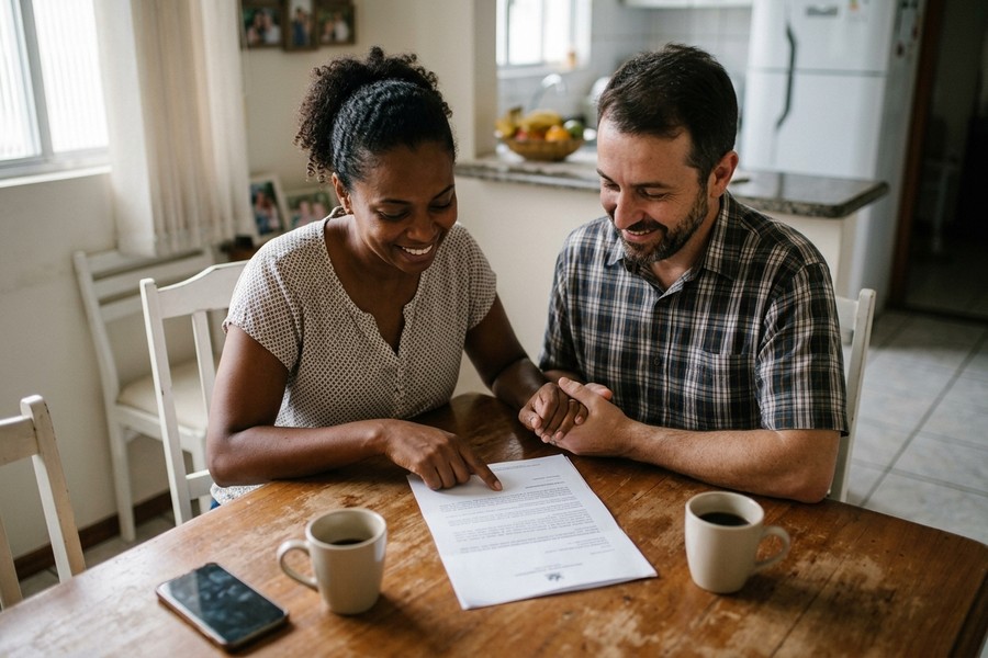 Casal sorri enquanto lê um documento à mesa da cozinha, com cafés e celular ao lado, transmitindo uma boa notícia recebida em casa.