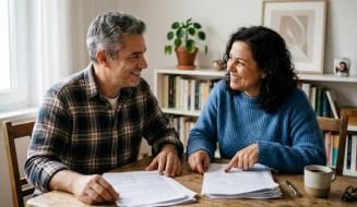 Casal sorridente sentado à mesa de madeira revisa pilhas de papéis impressos. Homem de cabelo grisalho e camisa xadrez olha para mulher de suéter azul que aponta para os documentos. Sobre o móvel também estão caneca, caneta e óculos de grau, com estante repleta de livros e vaso de planta ao fundo.