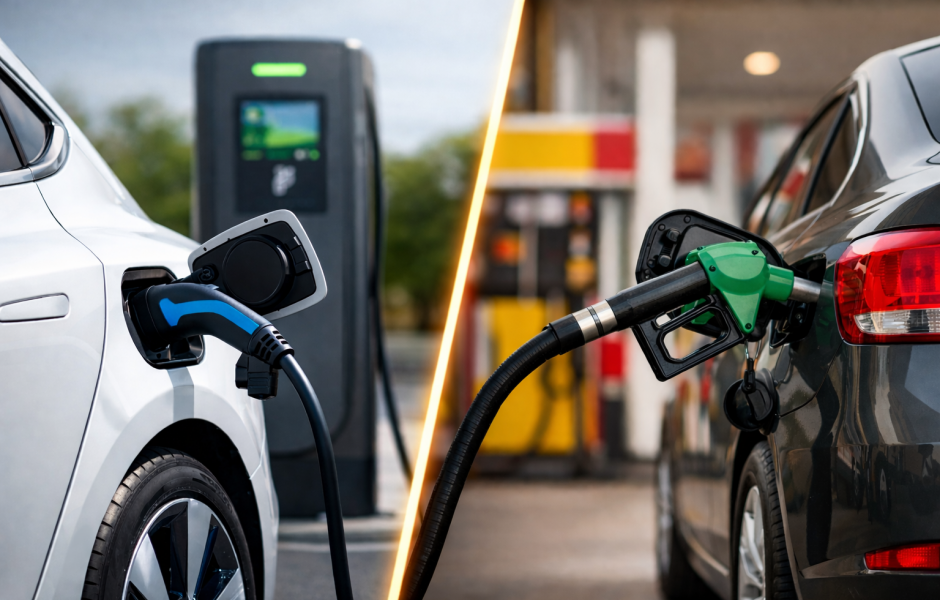 Comparação visual entre o abastecimento de um veículo elétrico e um veículo convencional a combustão.