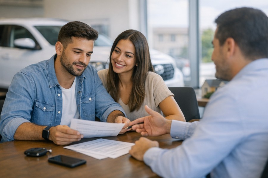 Casal analisa documentos com um consultor em uma concessionária, demonstrando interesse e satisfação durante a negociação de um veículo.