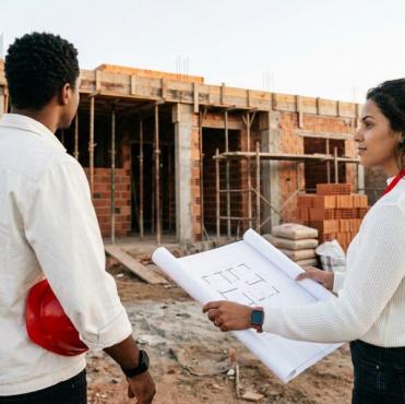 Um homem segurando um capacete de proteção vermelho e uma mulher segurando uma planta de arquitetura desenrolada, analisam juntos uma obra em um canteiro de construção com estrutura de tijolos ao fundo.
