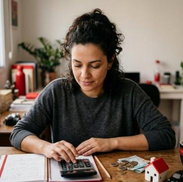 De cabelos cacheados presos, jovem utiliza uma calculadora sobre um caderno aberto para planejar o orçamento doméstico. Na mesa de madeira, moedas, cédulas de dinheiro, uma miniatura de casa com telhado vermelho e uma caneca de café completam o cenário de finanças pessoais.
