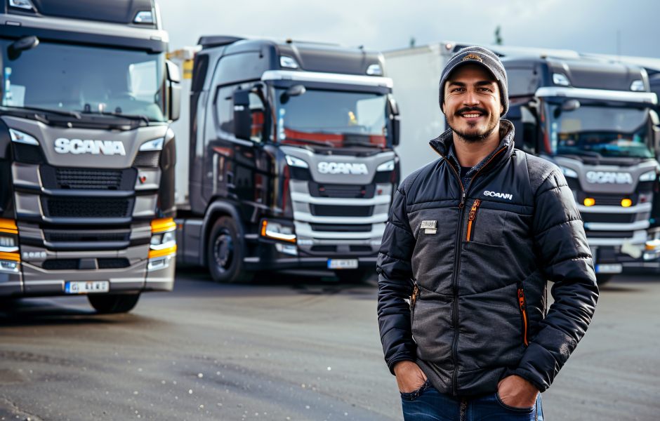 Caminhoneiro sorridente posa com jaqueta Scania em frente a uma frota de caminhões da marca, transmitindo orgulho e identificação com a profissão.
