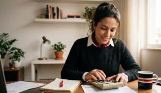 Mulher sorridente com o cabelo preso trabalha em sua mesa de escritório em casa, utilizando uma calculadora sobre folhas de orçamento. À sua frente, há um caderno aberto com uma caneta vermelha, documentos impressos e uma caneca listrada.