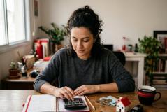 De cabelos cacheados presos, jovem utiliza uma calculadora sobre um caderno aberto para planejar o orçamento doméstico. Na mesa de madeira, moedas, cédulas de dinheiro, uma miniatura de casa com telhado vermelho e uma caneca de café completam o cenário de finanças pessoais.