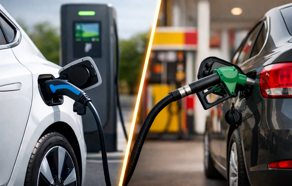  A imagem mostra uma comparação dividida entre um carro elétrico sendo carregado e um carro a combustão sendo abastecido.