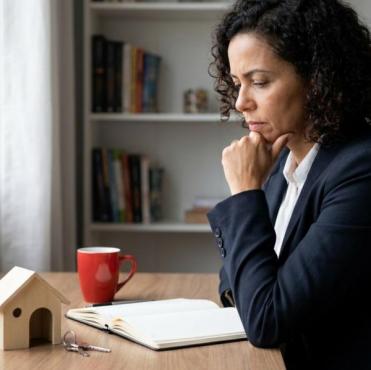 Mulher de trajes formais e cabelos cacheados apoia a mão no queixo com expressão reflexiva diante de uma mesa de trabalho. À sua frente estão uma miniatura de casa em madeira, um par de chaves, um caderno aberto e uma caneca vermelha, em um ambiente bem iluminado com estante de livros ao fundo.