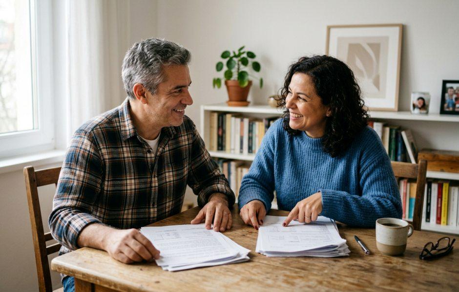 Casal sorridente sentado à mesa de madeira revisa pilhas de papéis impressos. Homem de cabelo grisalho e camisa xadrez olha para mulher de suéter azul que aponta para os documentos. Sobre o móvel também estão caneca, caneta e óculos de grau, com estante repleta de livros e vaso de planta ao fundo.