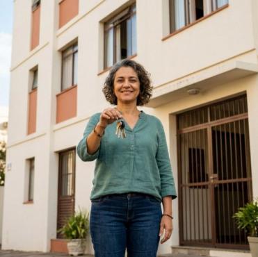 Mulher de cabelos cacheados grisalhos, camisa verde e calça jeans sorri ao segurar molho de chaves em frente a edifício residencial. Ao fundo, destaca-se fachada clara do prédio com detalhes alaranjados, janelas, portão de ferro e vasos de plantas junto à entrada.