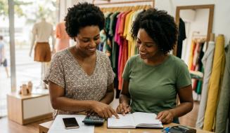 Duas empreendedoras sorriem enquanto fazem cálculos e anotações no balcão de uma loja de roupas colorida, transmitindo parceria e gestão ativa do negócio.