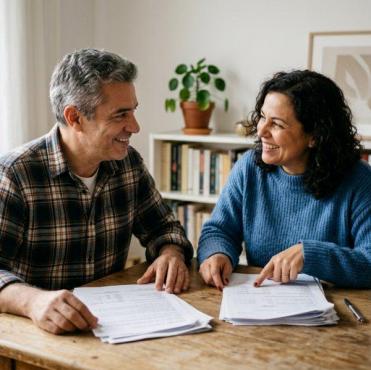 Casal sorridente sentado à mesa de madeira revisa pilhas de papéis impressos. Homem de cabelo grisalho e camisa xadrez olha para mulher de suéter azul que aponta para os documentos. Sobre o móvel também estão caneca, caneta e óculos de grau, com estante repleta de livros e vaso de planta ao fundo.