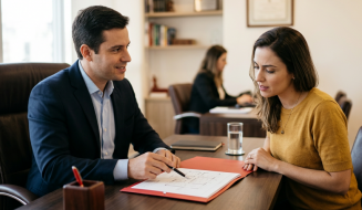 Profissional em traje social escuro e camisa clara sorri enquanto aponta com uma caneta para um projeto ou planta baixa em cima da mesa. À sua frente, uma mulher de blusa amarela analisa a folha com atenção. O atendimento ocorre em um escritório elegante, com móveis de madeira, copo d'água na mesa e outra pessoa trabalhando ao fundo.