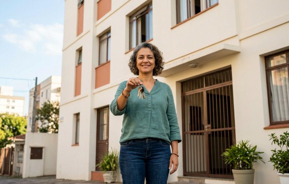 Mulher de cabelos cacheados grisalhos, camisa verde e calça jeans sorri ao segurar molho de chaves em frente a edifício residencial. Ao fundo, destaca-se fachada clara do prédio com detalhes alaranjados, janelas, portão de ferro e vasos de plantas junto à entrada.