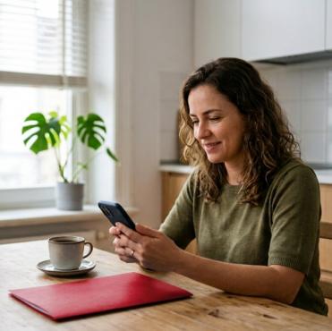 Mulher com cabelos cacheados e sorrindo, sentada a uma mesa de madeira em uma cozinha, olhando para um smartphone que segura com as duas mãos. À sua frente, há uma xícara de café com pires e uma pasta vermelha fechada. Ao fundo, uma janela com persianas, vasos de plantas e o balcão da cozinha com eletrodomésticos.