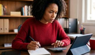 Mulher de blusa de tricot vermelha e cabelo afro volumoso trabalha concentrada em sua mesa de escritório. Ela segura uma caneta sobre um caderno, aperta os botões de uma calculadora e observa atentamente a tela de um tablet apoiado na mesa, em um ambiente organizado com estante de livros ao fundo.
