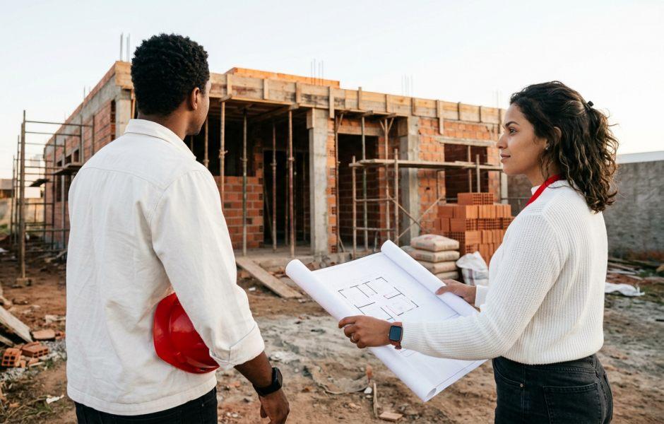 Um homem segurando um capacete de proteção vermelho e uma mulher segurando uma planta de arquitetura desenrolada, analisam juntos uma obra em um canteiro de construção com estrutura de tijolos ao fundo.