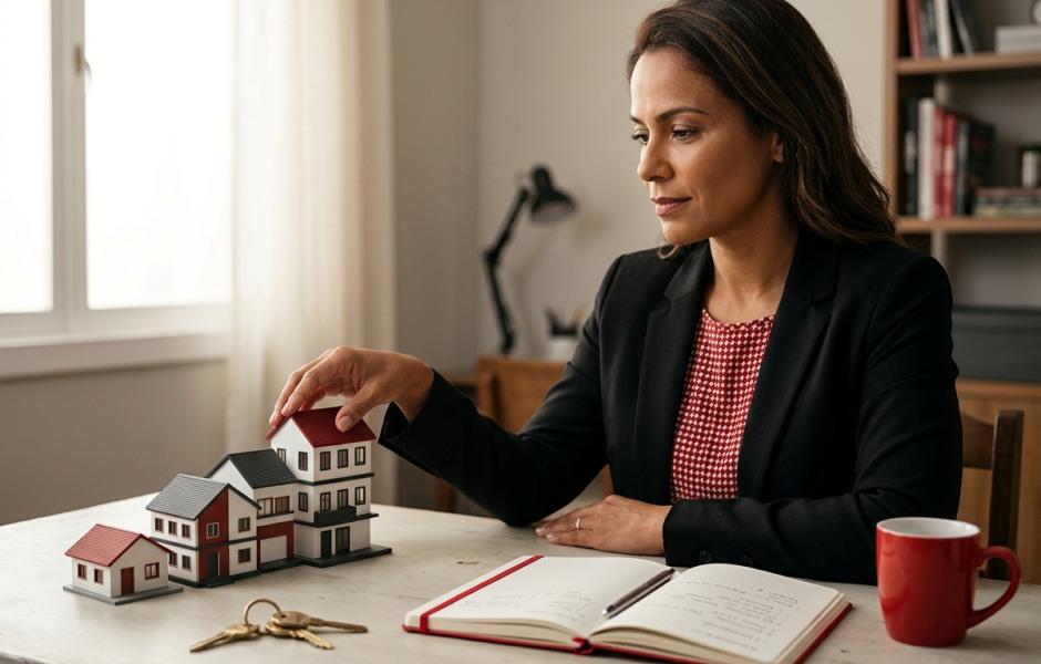 Mulher vestindo blazer preto sobre uma blusa vermelha e branca analisa maquetes em miniatura de casas dispostas sobre uma mesa de madeira. Ela toca suavemente o telhado de uma das casas, e ao lado estão um jogo de chaves, um caderno aberto com anotações e uma caneca vermelha.