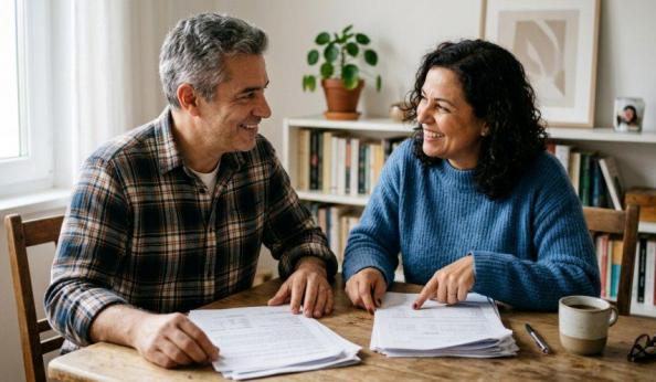 Casal sorridente sentado à mesa de madeira revisa pilhas de papéis impressos. Homem de cabelo grisalho e camisa xadrez olha para mulher de suéter azul que aponta para os documentos. Sobre o móvel também estão caneca, caneta e óculos de grau, com estante repleta de livros e vaso de planta ao fundo.