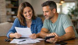 Casal revisa documentos e faz cálculos juntos em casa, com expressões satisfeitas sugerindo um planejamento financeiro positivo.