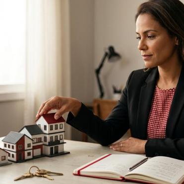 Mulher vestindo blazer preto sobre uma blusa vermelha e branca analisa maquetes em miniatura de casas dispostas sobre uma mesa de madeira. Ela toca suavemente o telhado de uma das casas, e ao lado estão um jogo de chaves, um caderno aberto com anotações e uma caneca vermelha.