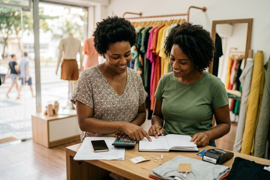 Duas empreendedoras sorriem enquanto fazem cálculos e anotações no balcão de uma loja de roupas colorida, transmitindo parceria e gestão ativa do negócio.