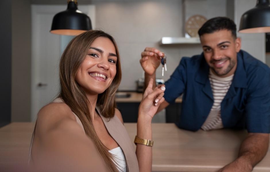 Um casal jovem e sorridente comemora a conquista da casa nova enquanto a mulher tira uma selfie. O homem segura as chaves em destaque ao fundo, em uma cozinha moderna com iluminação aconchegante.