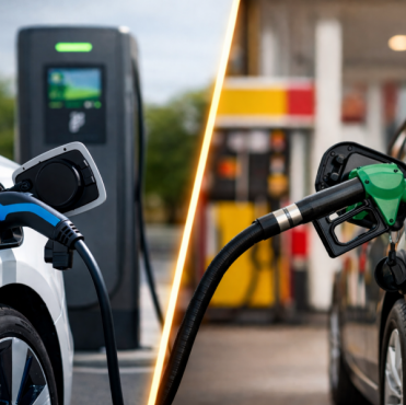 Comparação visual entre o abastecimento de um veículo elétrico e um veículo convencional a combustão.