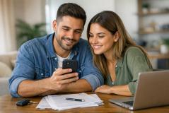 Casal sorridente consulta o smartphone juntos em casa, com documentos e laptop sobre a mesa, sugerindo um planejamento financeiro descontraído.